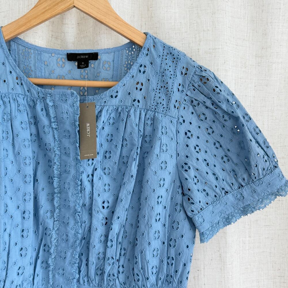 J. Crew Blouse Womens Small Blue Eyelet Cottagecore Coquette Romantic Milkmaid - Picture 5 of 9